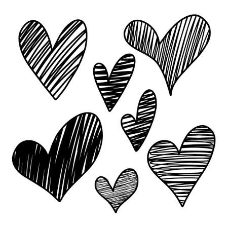 Set of six handdrawn heart. Handdrawn rough marker hearts isolated on white background. Vector illustration for your graphic design.のイラスト素材