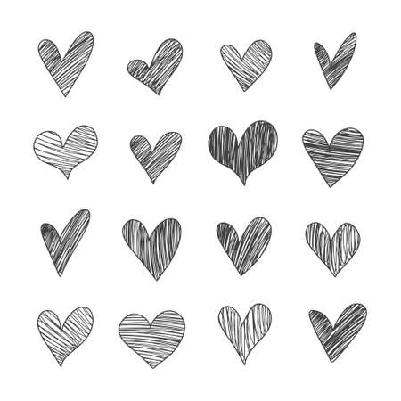 Set of six handdrawn heart. Handdrawn rough marker hearts isolated on white background. Vector illustration for your graphic design.のイラスト素材