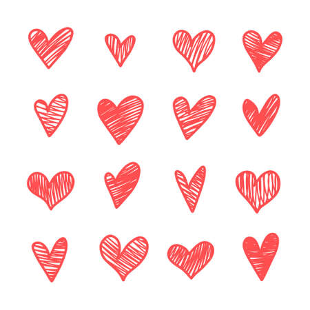 Set of six handdrawn heart. Handdrawn rough marker hearts isolated on white background. Vector illustration for your graphic design.のイラスト素材