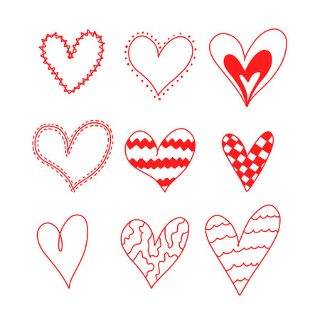 Set of six handdrawn heart. Handdrawn rough marker hearts isolated on white background. Vector illustration for your graphic design.のイラスト素材