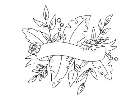 Illustration of a wreath of leaves and flowers with a bannerのイラスト素材