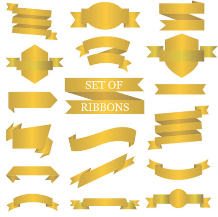 Gold Ribbon Set In Isolated For Celebration And Winner Award Banner White Background, Vector Illustration can use for anniversary, birthday, party, event, holiday And others.のイラスト素材