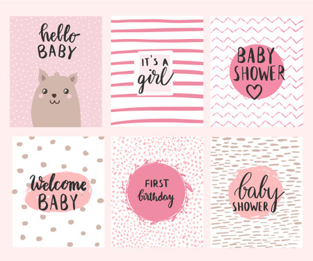 Set of cute baby shower card templates with cute cat. Vector illustrationのイラスト素材