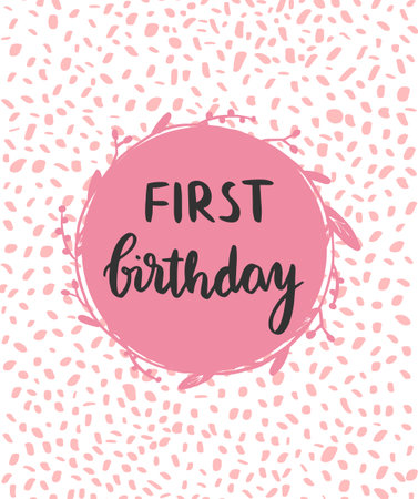 First birthday. Hand drawn vector lettering phrase. Ink illustration. Modern brush calligraphy. Isolated on white background.のイラスト素材