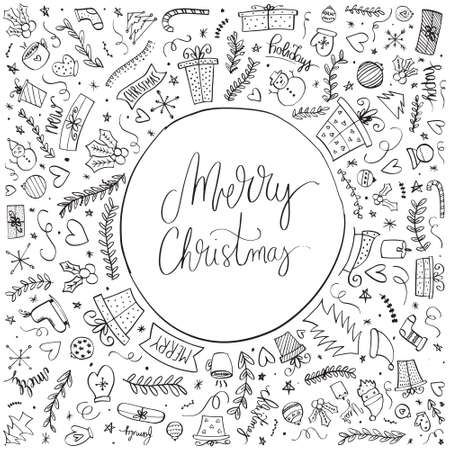 Merry Christmas lettering. Can be used for posters, gift cards, etc. Vector illustration. Happy holidays. Holly jolly.のイラスト素材