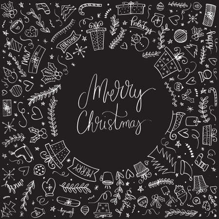Merry Christmas lettering. Can be used for posters, gift cards, etc. Vector illustration. Happy holidays. Holly jolly.のイラスト素材