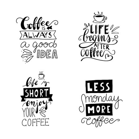Coffee lettering typography. Hand drawn lettering phrase. Modern motivating calligraphy decor. Scrapbooking or journaling card with quote.のイラスト素材
