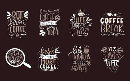 Coffee lettering typography. Hand drawn lettering phrase. Modern motivating calligraphy decor. Scrapbooking or journaling card with quote.のイラスト素材