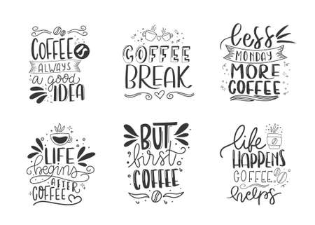 Coffee lettering typography. Hand drawn lettering phrase. Modern motivating calligraphy decor. Scrapbooking or journaling card with quote.のイラスト素材