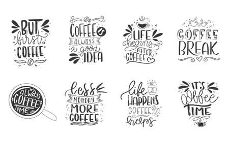 Coffee lettering typography. Hand drawn lettering phrase. Modern motivating calligraphy decor. Scrapbooking or journaling card with quote.のイラスト素材