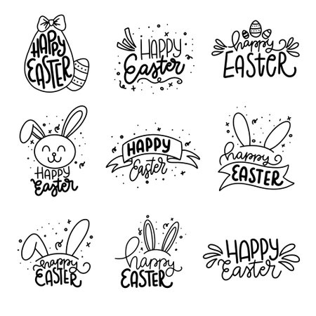 Hand written Happy Easter doodle phrases. Modern Hand drawn calligraphy Happy Easter.のイラスト素材