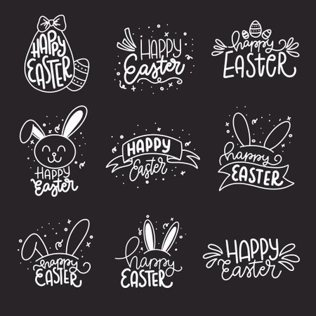 Hand written Happy Easter doodle phrases. Modern Hand drawn calligraphy Happy Easter.のイラスト素材
