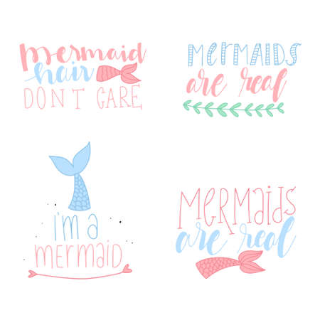 Set of cute mermaid card. Hand drawn Cute inspirational Mermaid quotes. Typography lettering. Mermaid hair don't care.I'm a mermaid.のイラスト素材