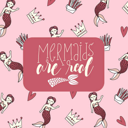 Set of cute mermaid card. Hand drawn Cute inspirational Mermaid quotes. Typography lettering. Mermaid hair don't care.I'm a mermaid.のイラスト素材