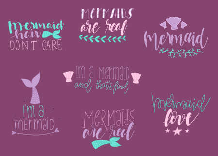 Set of cute mermaid card. Hand drawn Cute inspirational Mermaid quotes. Typography lettering. Mermaid hair don't care.I'm a mermaid.のイラスト素材