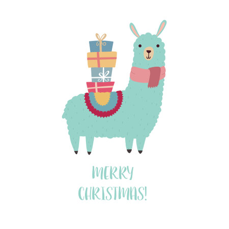 Cute alpaca with gift boxes. Merry Christmas greeting card. Vector illustrationのイラスト素材