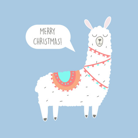 Cute cartoon alpaca with speech bubble. Merry Christmas greeting card. Vector illustrationのイラスト素材
