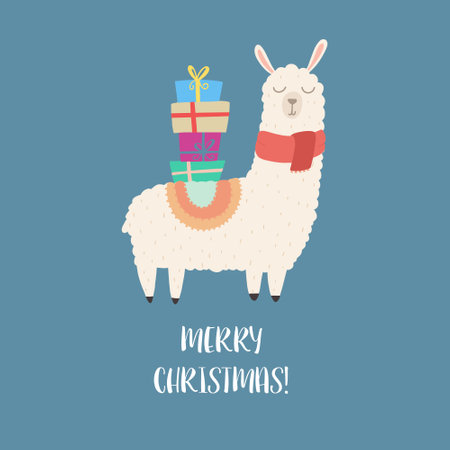 Cute llama with gift boxes. Merry Christmas greeting card. Vector illustrationのイラスト素材