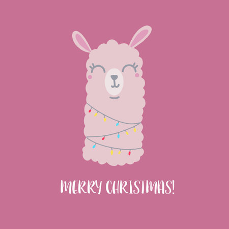 Cute llama with garland and text Merry Christmas. Vector illustration.のイラスト素材