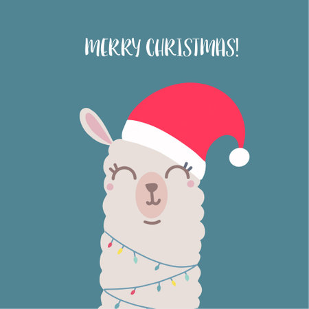 Christmas greeting card with cute llama in Santa hat. Vector illustrationのイラスト素材