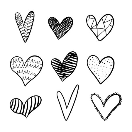 Vector set of hand drawn hearts in doodle style isolated on white backgroundのイラスト素材