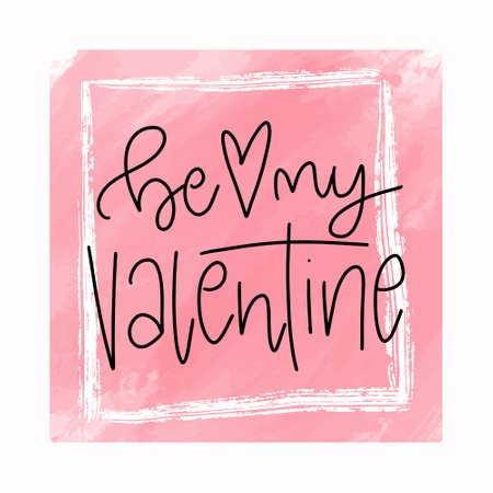 Be my Valentine - handwritten modern calligraphy lettering on pink brush strokes background.のイラスト素材