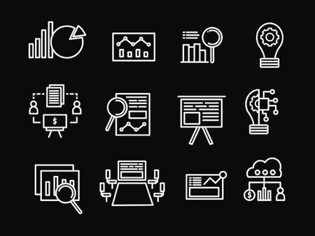 Set of business icons. Contains such icons as statistics, analysis, analysis, research, project management, strategy, project management and more.のイラスト素材