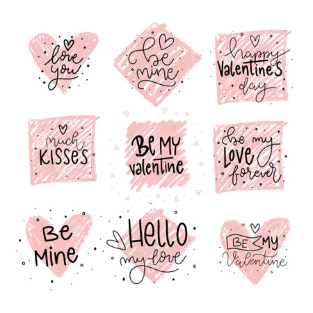 Set of hand drawn lettering phrases about love and romance. Vector illustration.のイラスト素材