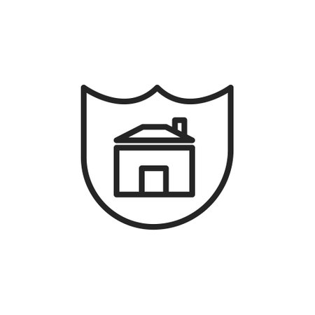 House with shield line icon, outline vector sign, linear style pictogram isolated on white. Symbol, logo illustration. Editable stroke. Pixel perfectのイラスト素材