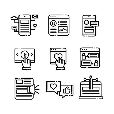 Business social media icons. Data analysis, planning, presentation, meeting, following, messaging, video, internet.のイラスト素材
