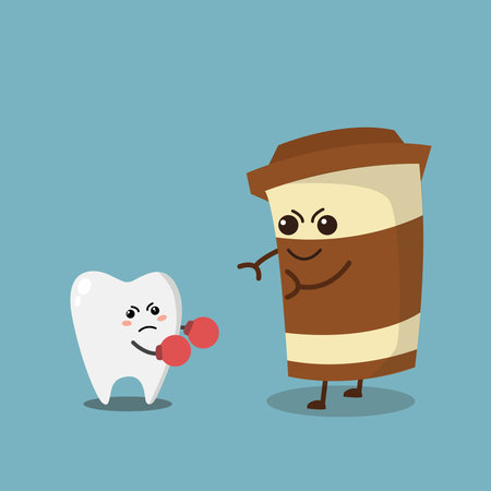 tooth with toothpaste and coffee cup cartoon vector art illustration designのイラスト素材