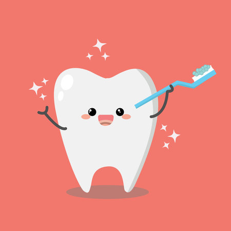 Cute cartoon tooth character with toothbrush and toothpaste. Vector illustration.のイラスト素材
