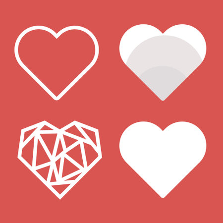 Set of heart icons. Vector illustration in flat style. Isolated on red background.のイラスト素材