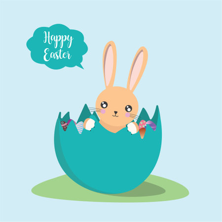 happy easter card with cute rabbit in eggshell vector illustration designのイラスト素材