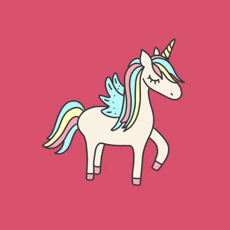 Unicorn and Magic Doodles. Cute unicorn and pony collection with magic items. Hand drawn line style. Vector doodles illustrations.のイラスト素材