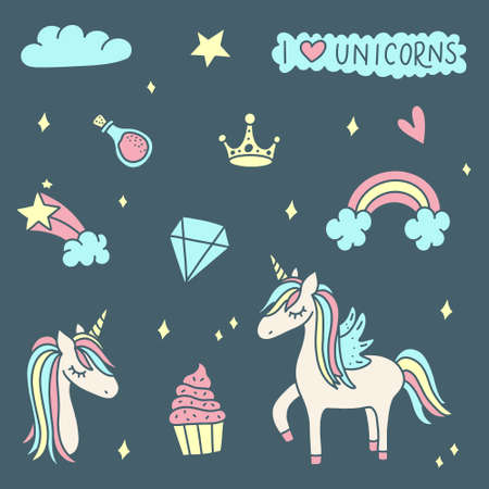 Unicorn and Magic Doodles. Cute unicorn and pony collection with magic items. Hand drawn line style. Vector doodles illustrations.のイラスト素材