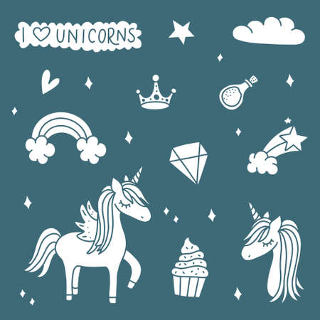 Unicorn and Magic Doodles. Cute unicorn and pony collection with magic items. Hand drawn line style. Vector doodles illustrations.のイラスト素材