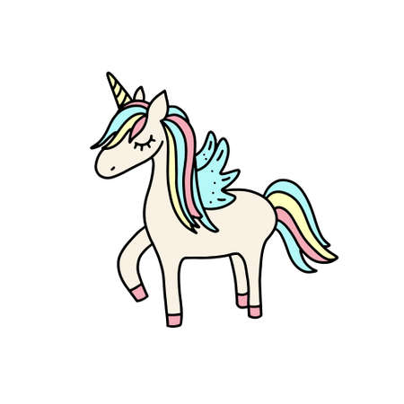Unicorn and Magic Doodles. Cute unicorn and pony collection with magic items. Hand drawn line style. Vector doodles illustrations.のイラスト素材