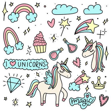 Unicorn and Magic Doodles. Cute unicorn and pony collection with magic items. Hand drawn line style. Vector doodles illustrations.のイラスト素材