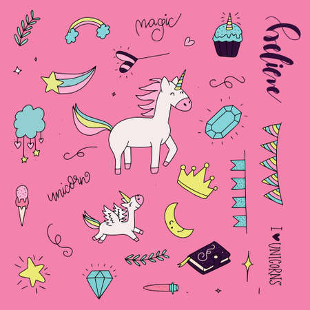 Unicorn and Magic Doodles. Cute unicorn and pony collection with magic items. Hand drawn line style. Vector doodles illustrations.のイラスト素材