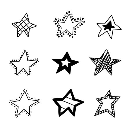Stars doodle icon set. Hand drawn star vector illustration.のイラスト素材
