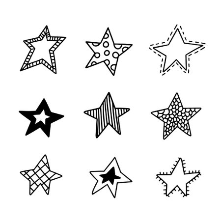 Set of hand drawn star doodle icons. Vector illustration.のイラスト素材