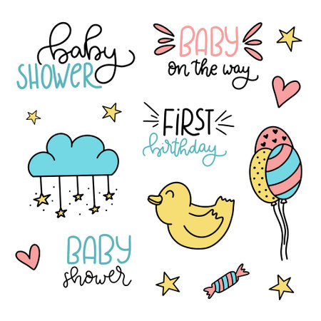 Set of cute hand drawn doodle baby shower elements. Vector illustration.のイラスト素材
