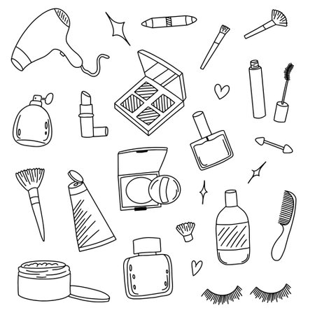 Vector set of hand drawn doodle cosmetics and accessories isolated on white backgroundのイラスト素材