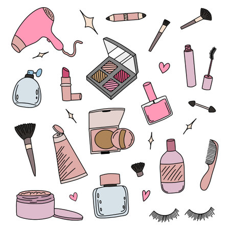 Set of doodle makeup products and accessories. Vector illustration.のイラスト素材