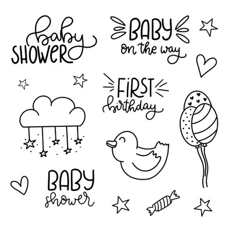 Set of hand drawn doodle elements for baby shower. Vector illustration.のイラスト素材