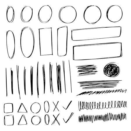 Hand drawn doodle pen brushes. Set of hand drawn grunge strokes and graphic elements.のイラスト素材