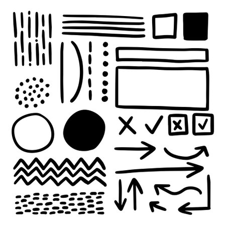 Hand drawn doodle pen brushes. Set of hand drawn grunge strokes and graphic elements.のイラスト素材