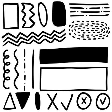 Hand drawn doodle pen brushes. Set of hand drawn grunge strokes and graphic elements.のイラスト素材
