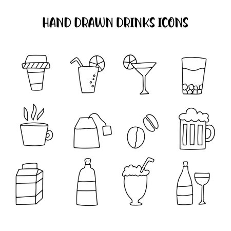 Hand drawn doodle drinks icon set. Isolated vector illustration.のイラスト素材